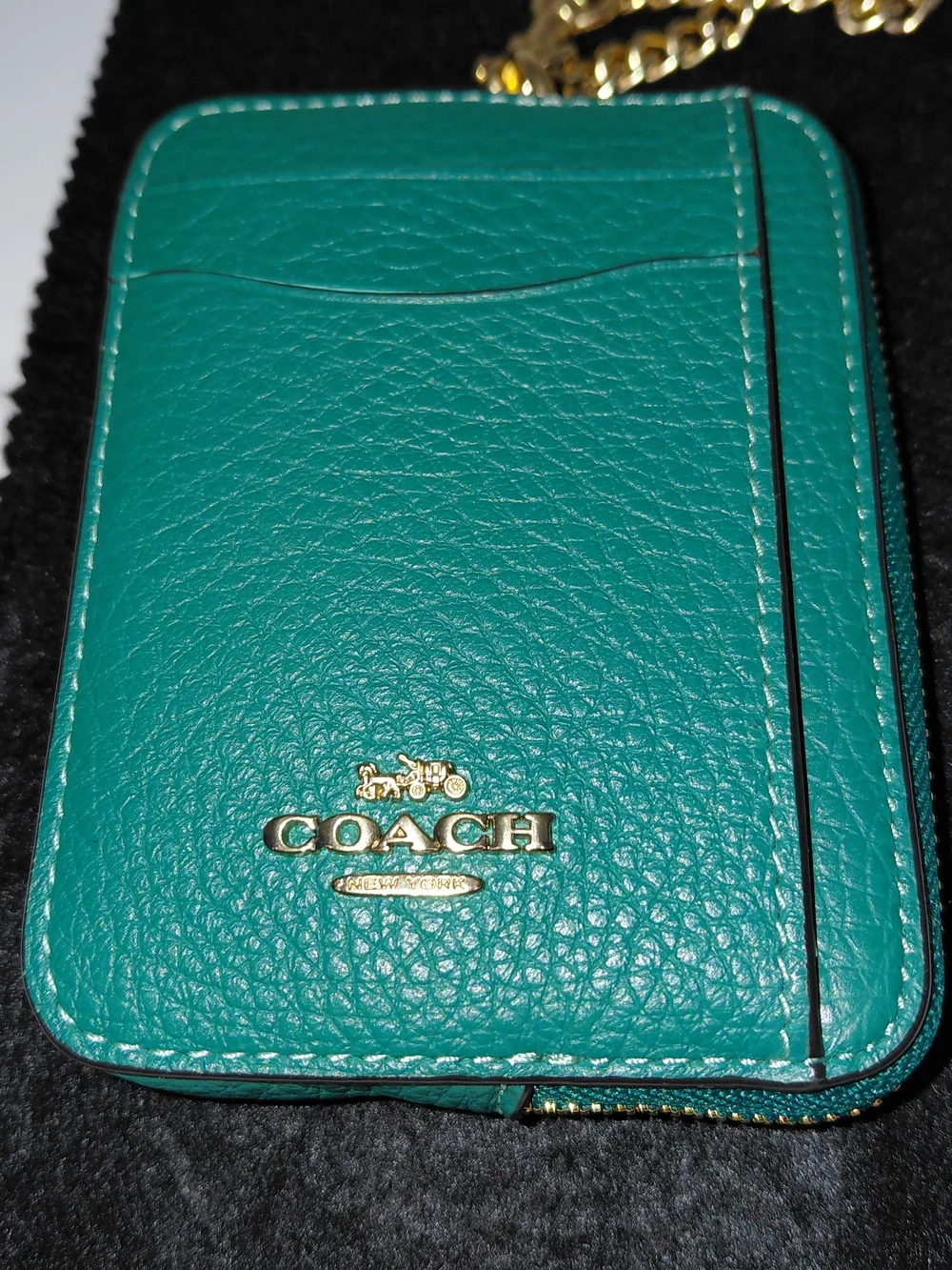 NWT! Coach Green (Bright Jade) Pebbled Leather Zip Card Case with Wristlet Chain
